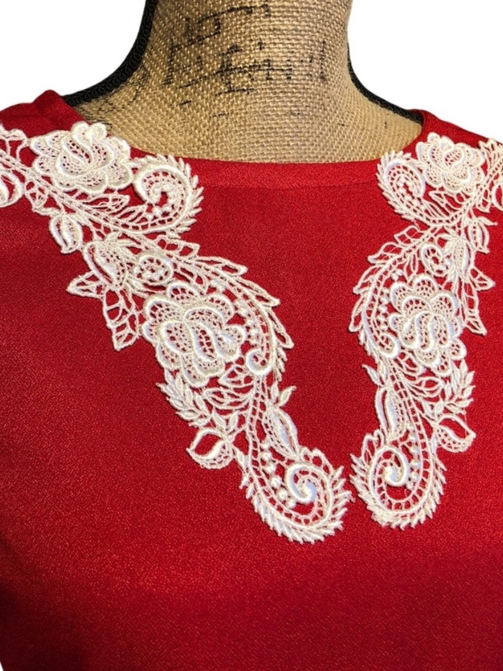 Handmade Red Maxi Dress Lace Appliqué Long Sleeve XXS–XS - Picture 7 of 16